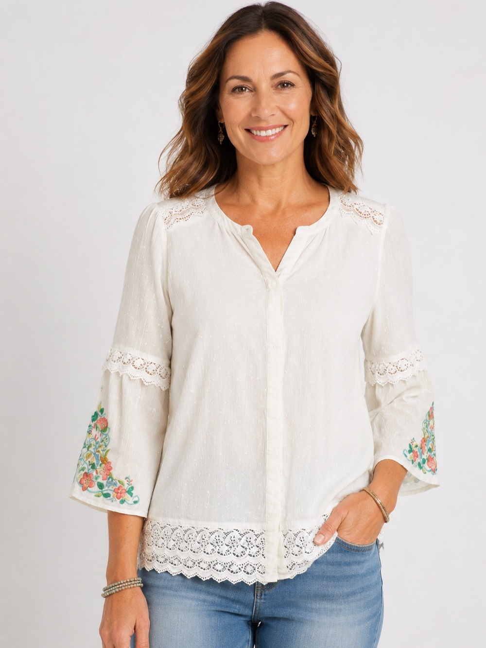 Chico’s Lace Swiss-Dot Floral Embroidered Top Size 1 NWOT